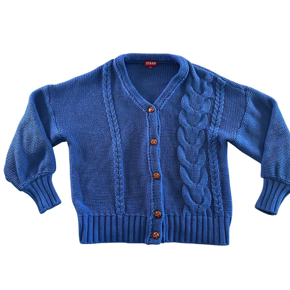 Staud Blake Cardigan Size Small Oversized V Neck Cable Knit Sweater Royal Blue